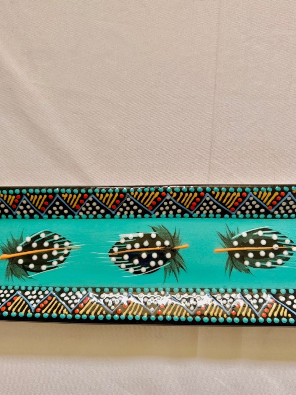 S African Hand Painted Signed Turquoise Ceramic Tray Feather Design 11.5" x 4"